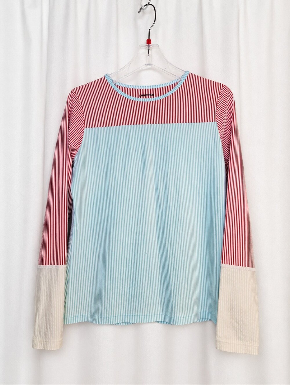Lands' End Seersucker Colorblock Pinstripe Long Sleeve Rash Guard Shirt Swim Top